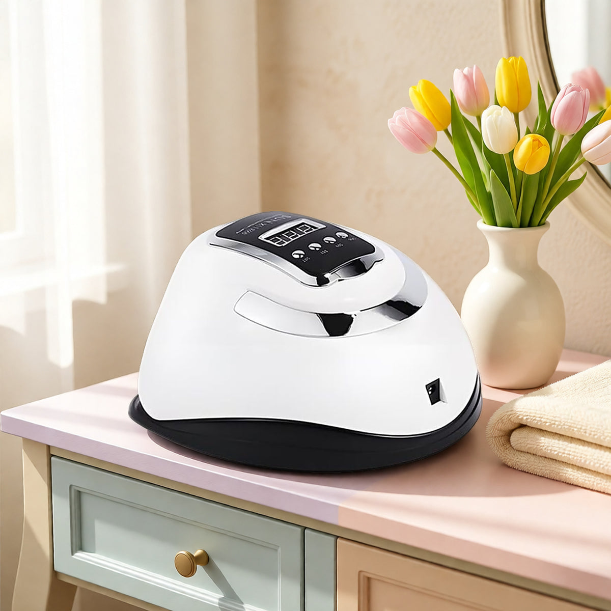 66-LED Gel Nail Lamp on a pastel dressing table