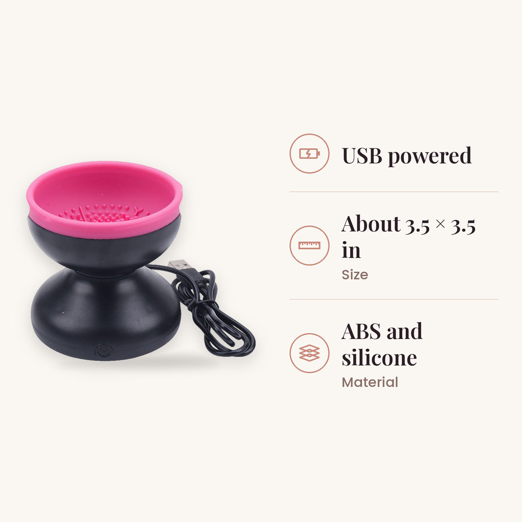 Pink and black electric makeup brush cleaner with USB cord, 3.5x3.5 in size.