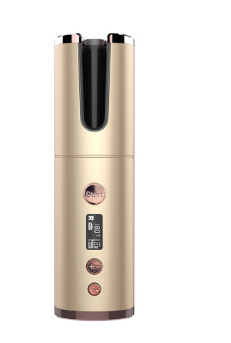Gold cordless automatic hair curler with black top section and control buttons