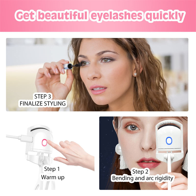 White heated eyelash curler with blue and pink indicators, steps shown for warming up and styling