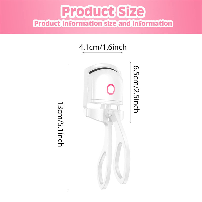White heated eyelash curler with pink O logo, size measurements shown