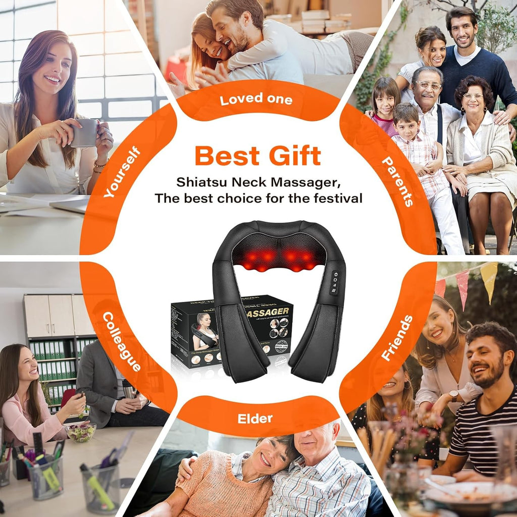 Black shiatsu neck massager with red lights, box, and people in various settings.
