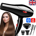 Black and white 2200W ionic hair dryer with red button, diffuser, combs and UK flag.