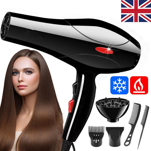 Black and white 2200W ionic hair dryer with red button, diffuser, combs and UK flag.
