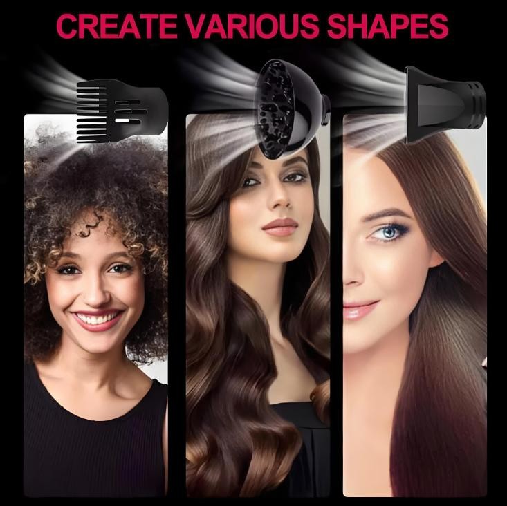 Black ionic hair dryer with attachments creating different hair shapes.