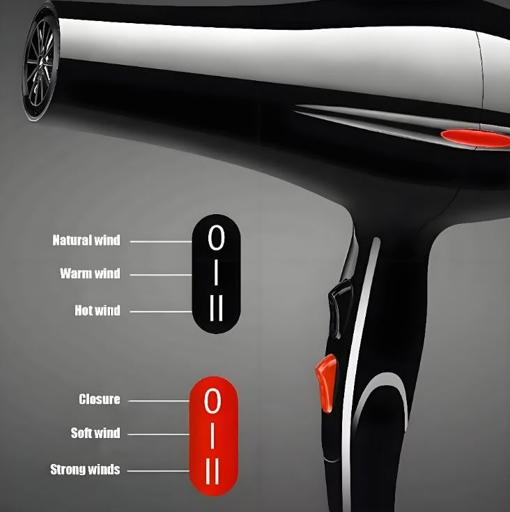 Black hair dryer with red and black control buttons for wind settings.