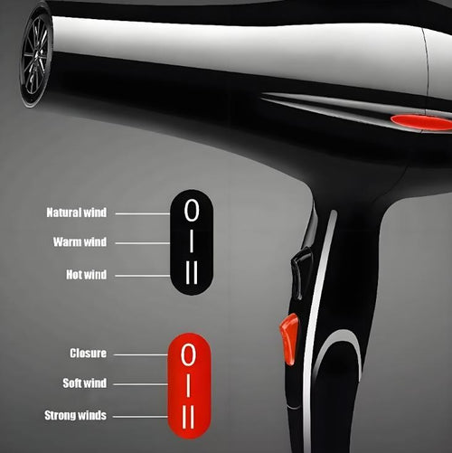 Black hair dryer with red and black control buttons for wind settings.