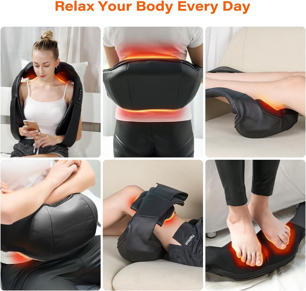 Black Shiatsu massager with heat applied to neck, back, knees and feet; person using it.