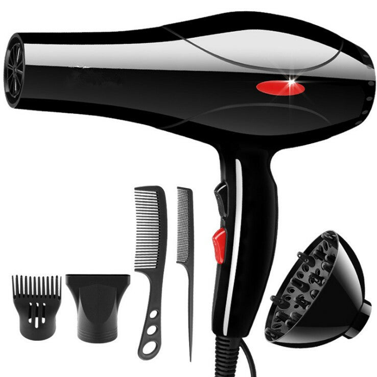Black 2200W ionic hair dryer with red button, attachments including diffuser, concentrator and combs.