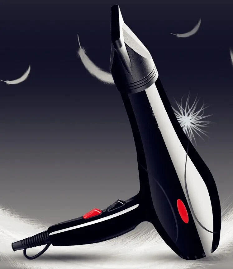 Black and white ionic hair dryer with red button, diffuser nozzle, and cord.